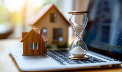 A model house and hourglass on a laptop, symbolizing real estate timing.