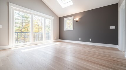 Fototapeta premium Empty modern room with light hardwood floors, a dark gray accent wall, and a large sliding glass door showing trees outside.