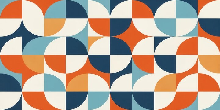 Abstract Geometric Pattern With Circles, Squares, and Semi-Circles in Blue, Orange, and Red