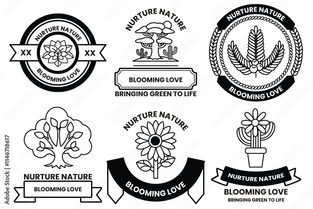 Poster set of illustrations in the concept of trees and flowers in line style