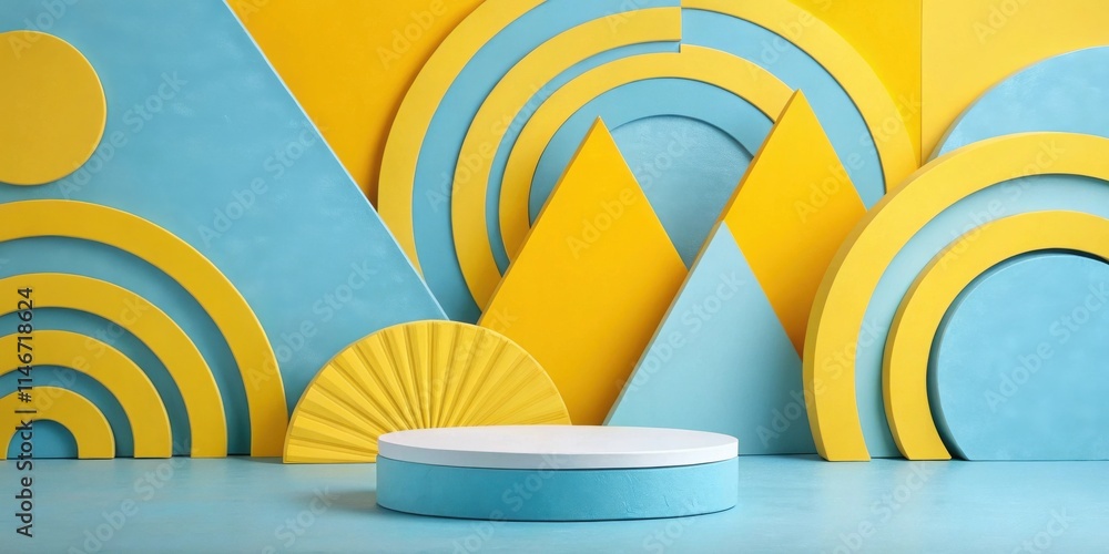 Aufkleber Abstract Geometric Display Platform with Blue and Yellow Shapes