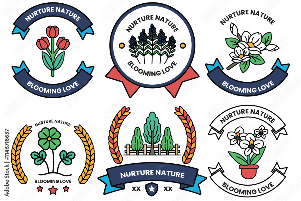 Poster set of illustrations in the concept of trees and flowers in line style
