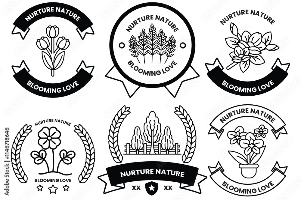 Poster set of illustrations in the concept of trees and flowers in line style