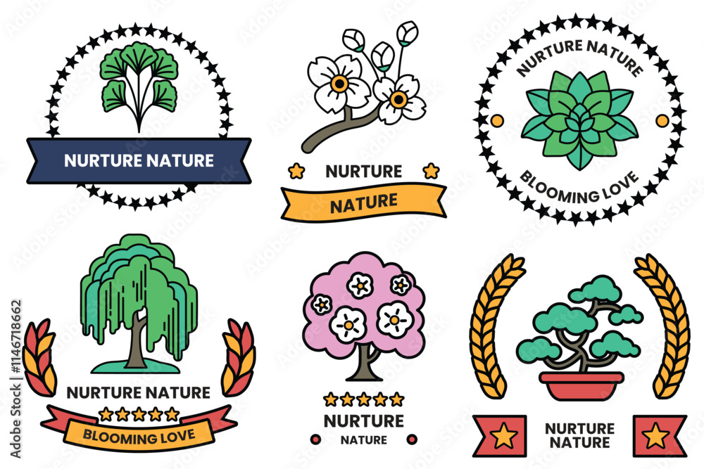Poster set of illustrations in the concept of trees and flowers in line style