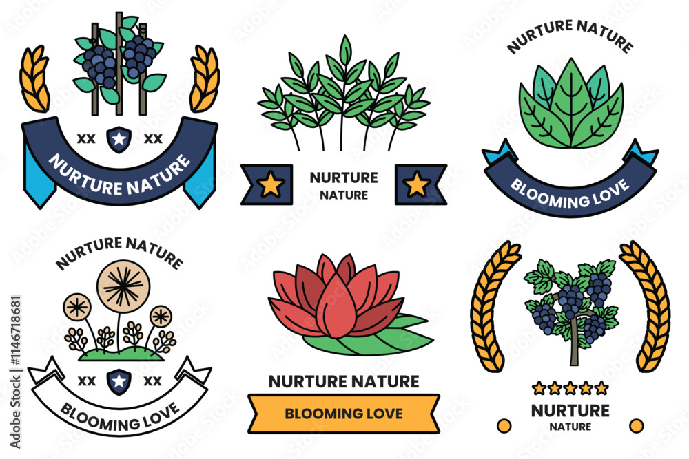 Poster set of illustrations in the concept of trees and flowers in line style
