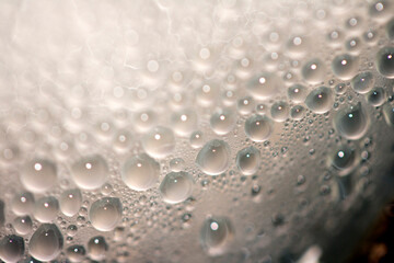 Close Up of Condensation Floating Liquid Water Bubbles and Drips on Glass from Rain