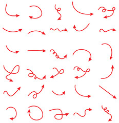 Set of vector curved arrows hand drawn. Sketch doodle style. Collection of pointers. Hand drawn thin line arrows set. Many vector curvy and wavy arrows isolated on white background. Red doodle arrow .