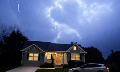 Heavy rain and thunderstorm on night sky above the house or home building exterior view and car parked on driveway - Powered by Adobe