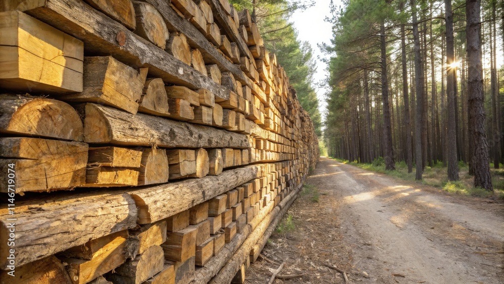 Aufkleber A towering wall of stacked logs lines a sun-drenched path through a dense forest, revealing the intricate patterns of nature's architecture.