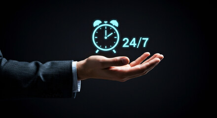 High-quality image featuring a business hand holding a glowing 24/7 clock icon, ideal for projects emphasizing continuous service, customer support, and round-the-clock availability
