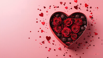 Heart-Shaped Box with Chocolates Surrounded by Rose Flowers and Confetti for Valentine's Day