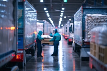 Workers unloading goods in a warehouse with trucks lined up in a well-lit industrial space.