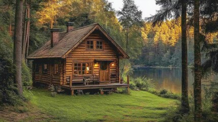 Cozy log cabin by lake in autumn woods.