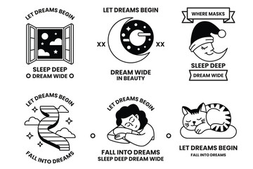 Set of illustrations in the concept of Sleep and sweet dreams in line style