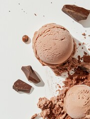 Composition of a scoop of chocolate ice cream, chocolate chips and cocoa