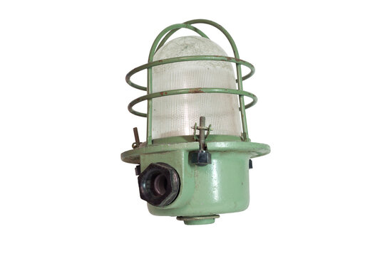 bunker light fixture, vintage miners lamp, suspended. domed lamp cover of explosion proof ribber glass, metal protective cage, cable plastic bushing for moisture proof connection power wire. isolated