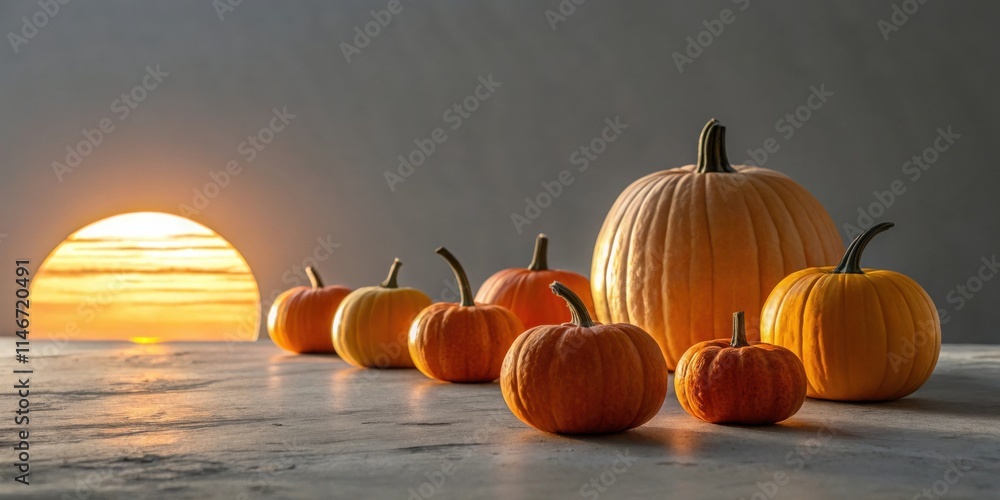 Poster a row of pumpkins illuminated by the warm glow of a setting sun, capturing the essence of autumn