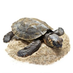 Obraz premium Baby sea turtle resting on a pile of sand, isolated on a white background, evokes themes of wildlife conservation and the delicate balance of marine ecosystems