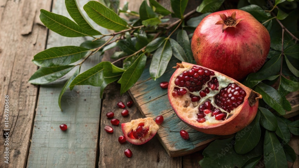 Poster a rustic wooden table with a pomegranate sliced open revealing its juicy ruby red seeds, surrounded 