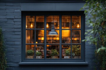 A cozy window view showcasing warm lighting and potted plants.
