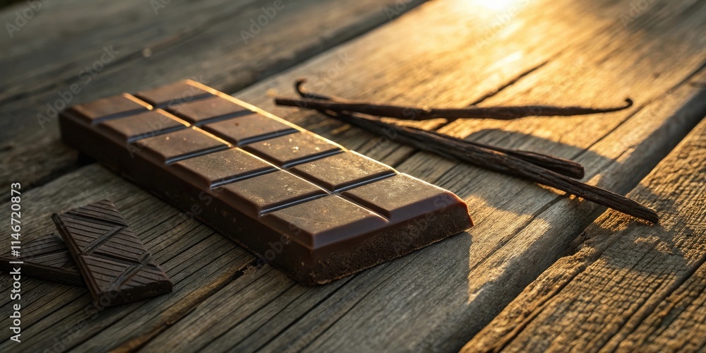 Poster a close up of a chocolate bar, with the warm glow of the sun and the hint of vanilla beans in the ba