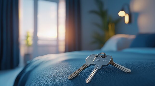House keys resting on a cozy bed bathed in soft morning sunlight, surrounded by warm tones and minimalist decor. Perfect for themes of home, tranquility, and lifestyle.