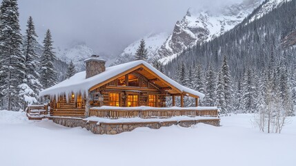Cozy snow-covered log cabin in mountain valley.