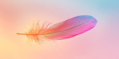 vibrant feather floating mid-air against seamless pastel gradient backdrop