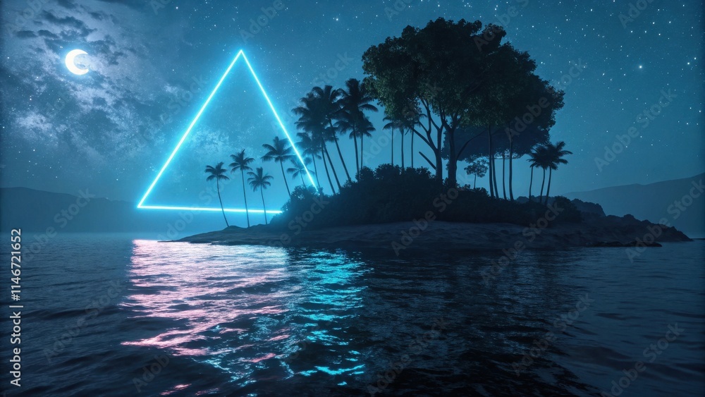 Poster a tropical island bathed in the ethereal glow of a neon blue triangle, casting a vibrant reflection 