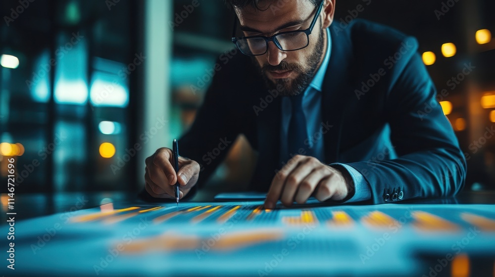 Poster a focused professional analyzes data on a digital screen, using a stylus in a dimly lit environment,