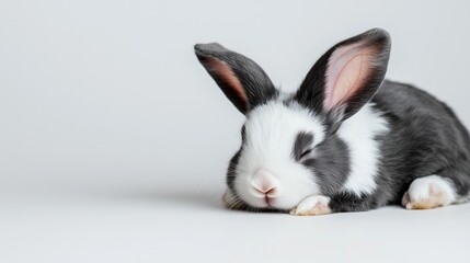 Fototapeta premium A cute black and white baby rabbit resting with its eyes closed on a clean white background.