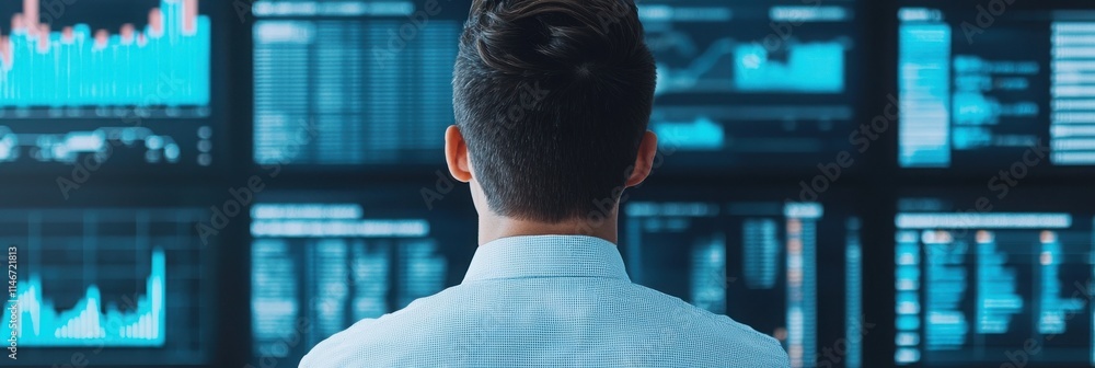 Poster a person analyzes data on multiple screens, showcasing a modern workspace focused on technology and 