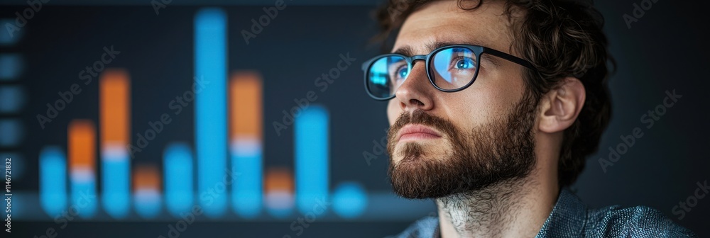 Poster a focused man with glasses contemplates data displayed on a screen, showcasing colorful graphics and