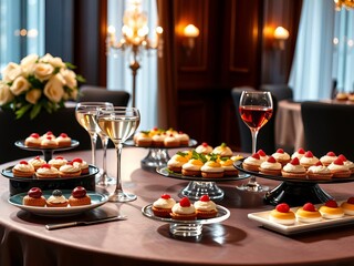 Naklejka premium A luxurious spread of gourmet appetizers, decadent desserts, fine wines, and premium cocktails on an elegantly decorated corporate party table, corporate, elegant