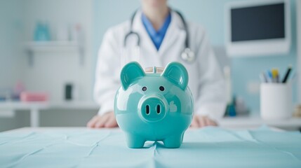 Health Insurance Scheme. A doctor stands behind a piggy bank, symbolizing healthcare savings and financial planning.