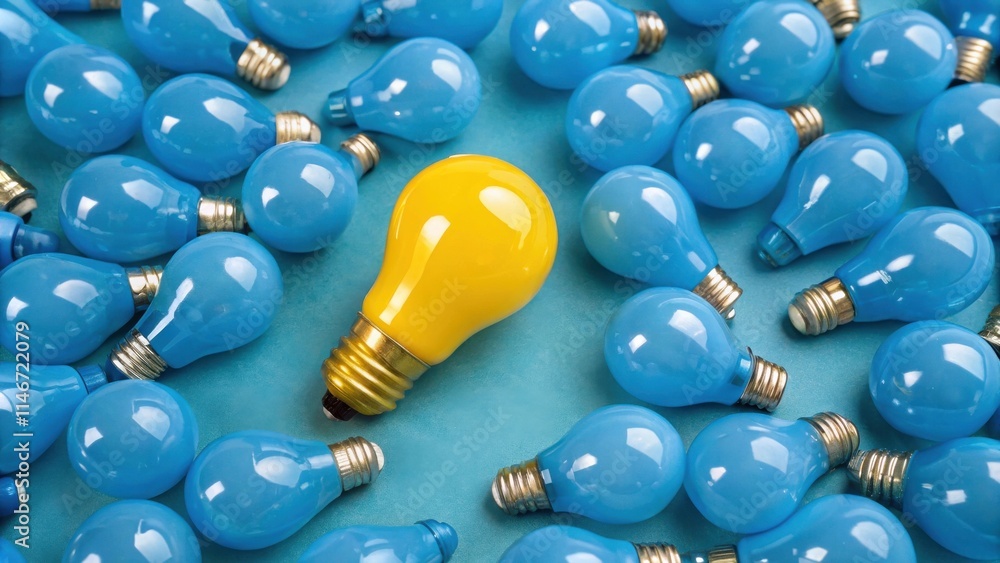 Poster a single yellow light bulb stands out from a group of blue light bulbs, symbolizing a unique idea or