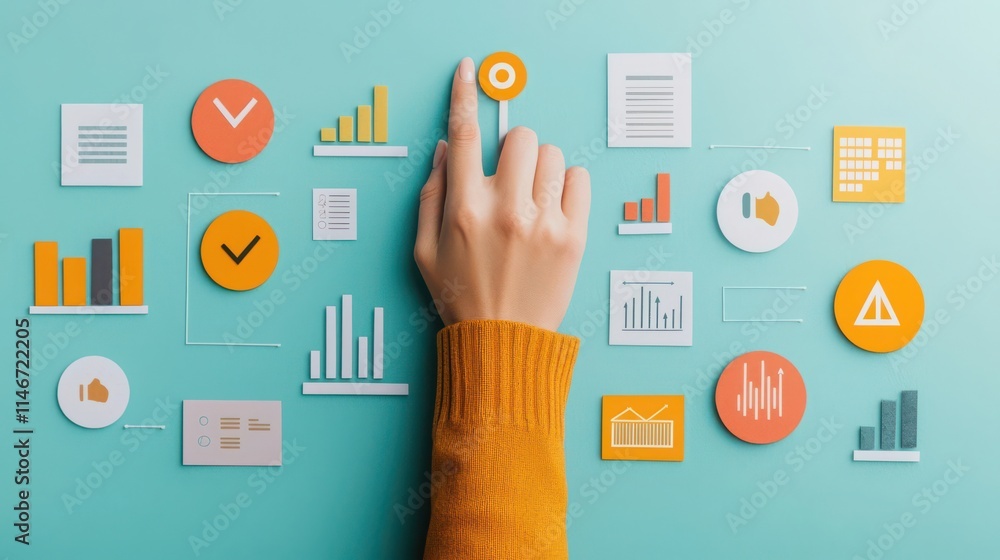 Aufkleber a colorful flat lay of graphs, icons, and a hand pointing, representing data analysis and decision-m