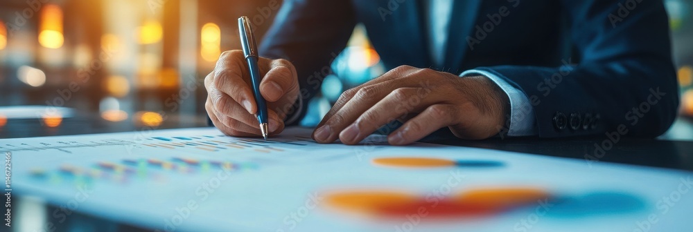 Poster a professional individual writes on a document featuring charts and graphs, highlighting data analys