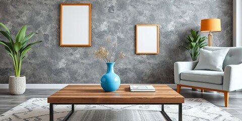 A modern living room with an orange and blue textured wall, featuring a frame, vase of plant, coffee table, sofa, chair style furniture, and copy space for design, furniture, design