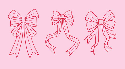 Coquette pretty charming pink bows set. Cute doodle linear hair decor, boho girl bow accessories. Ribbon isolated hand drawn art. Trendy girly fancy concept. Valentine vector illustration.