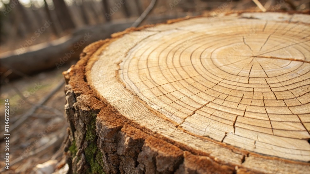 Poster a close-up of a tree trunk with visible rings revealing the age of the tree, capturing the natural b