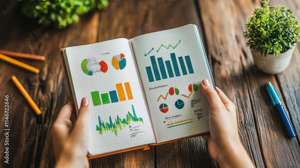 Poster a person holds an open notebook displaying colorful graphs and charts, surrounded by office supplies