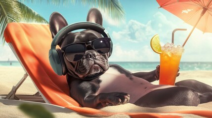 Relaxed black French bulldog enjoying a tropical drink on a sunny beach lounger