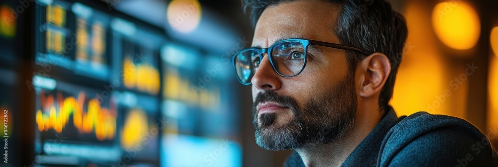 Poster a focused professional analyzes data on a screen, surrounded by glowing graphs and charts, embodying