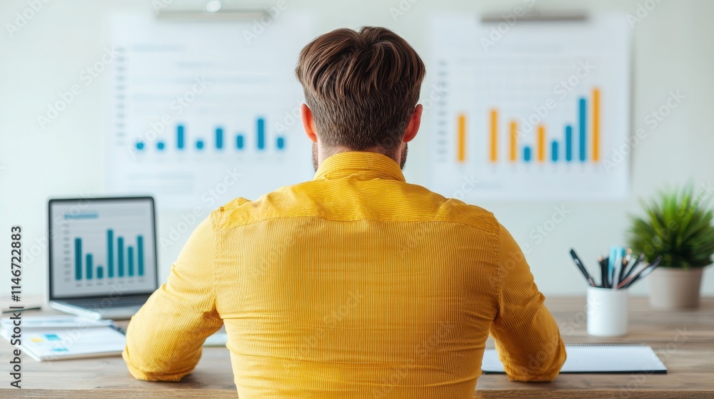 Poster a person in a yellow shirt sits at a desk, focused on charts and graphs displayed on a computer and 