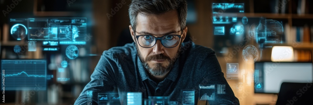 Poster a focused individual analyzes digital data displayed in holographic interfaces, emphasizing technolo