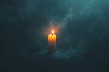 single candle flame glowing softly in complete darkness