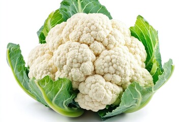 A fresh head of cauliflower with intact green leaves, isolated on a white background