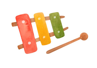 xylophone illustration. Cute watercolor toy musical instrument  isolated on transparent background. clip art and cut out element design