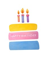 birthday card  with cake with candles and Happy Birthday text. Clipart illustration isolated on white background, festive food, dessert,